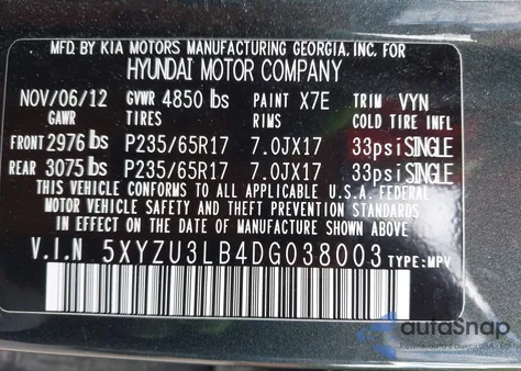 2013 Hyundai Santa Fe Sport from USA, damaged, VIN 5XYZU3LB4DG038003